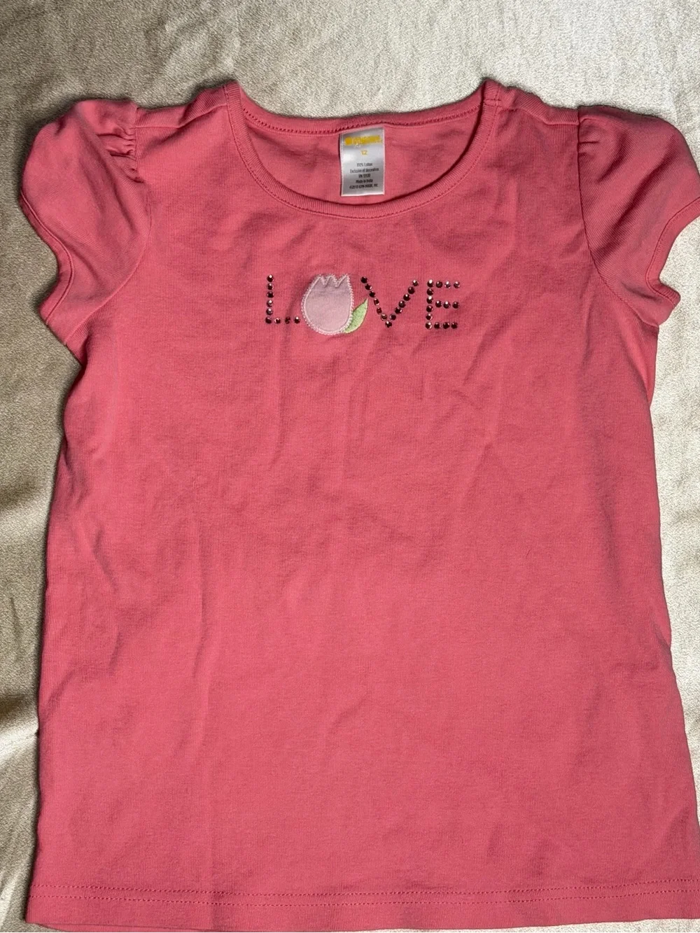 Gymboree Girls Pink LOVE Tulip Applique Cotton T-Shirt Cap Sleeve Size 12 Retro